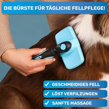 Щітка для собак та котів BluePet для довгої шерсті 2.0: видаляє підшерсток, ковтуни та вузли. З кнопкою для очищення. Для щоденного використання (Блакитна)