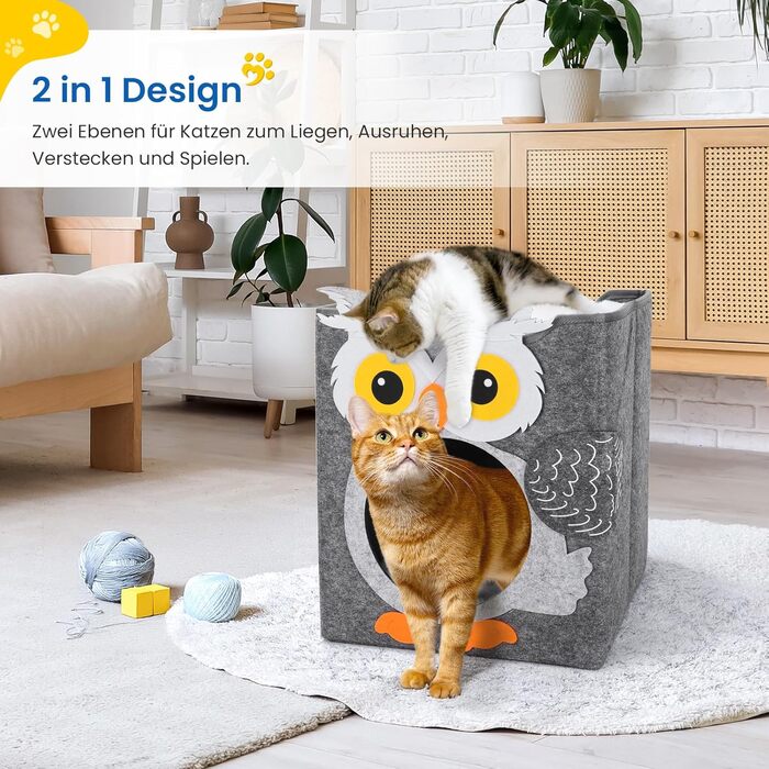 Двоповерховий будиночок для котів Dripex з фетру з подушкою, 30 x 35 x 35 см (Сова)