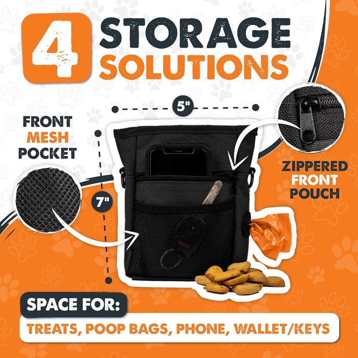 Футляр для ласощів Mighty Paw для собак, 2.0 | Сумка для тренування собак - Лотік для собак - Пет тренінг, сумка для ласощів з ремінцем - Магнітна застібка (Помаранчевий/Чорний)