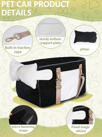 Автокрісло для собак маленьких порід, переносне автокрісло з м'яким, пральним подушками, для консолі авто, чорне (до 5,9 кг)