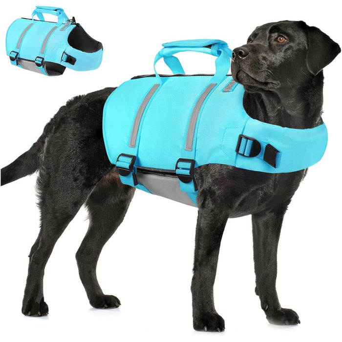 Спасальний жилет для собак AOFITEE XXL, великий розмір, з ручкою, світловідбиваючий, високоплавучий, для великих собак, блакитний