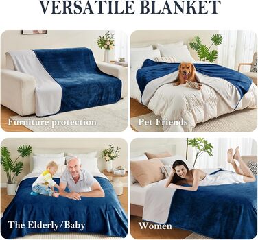 Водонепроникний плед для дорослих, двосторонній, для собак, котів, тварин, м'який, захист від протікання, для ліжка, дивану, софи, меблів (Морська синя/Світло сіра, 101x152 см)