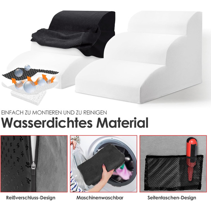 Сходинка для собак Myiosus – 3 ступені, для малих собак, з високощільним губчатим матеріалом, портативна, знімний та миючий чохол, антиковзаюча, чорна