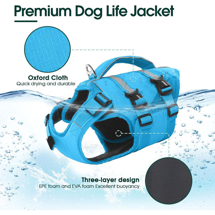 Жилет для собак Kuoser великий, рятувальний жилет для собак з ручкою та світловідбиваючими елементами, регульований, для великих собак, покращений плавучість, (S, блакитний)
