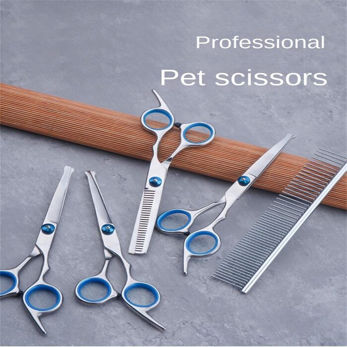 Набір професійних ножиць для собак, 5 в 1, з нержавіючої сталі, для грумінгу собак, котів та інших домашніх тварин. Включає: ножиці для фінішу, 2 вигнуті, 1 пряма, гребінець для грумінгу. Для догляду за всім тілом, обличчям, носом та вухами.