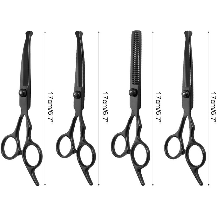 Набір професійних ножиць для собак 6-в-1 з круглим наконечником, чорний нержавіючий сталь, з серветкою для догляду за шерстю собак, котів та інших тварин
