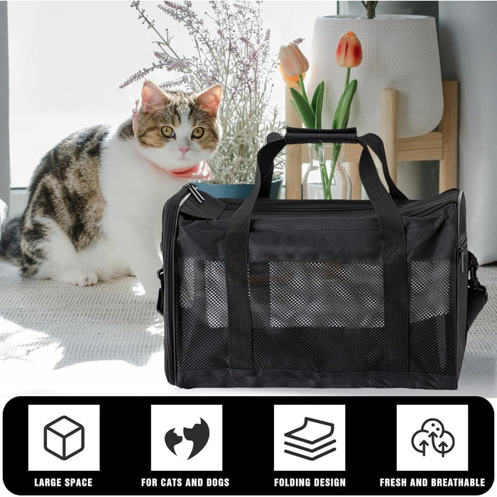 Транспортна сумка для кота та собаки, складана переноска для тварин, переноска для маленьких собак та котів, переноска для собак з регульованим плечовим ременем, переноска для кота в авто, літак та поїзд (чорний, M)