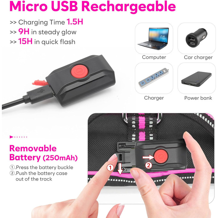 Світлодіодне шлейка для собак з підсвічуванням, заряджається, з ручкою, світловідбиваюча, для безпеки вночі, середніх, маленьких та великих собак (Рожева, XL)