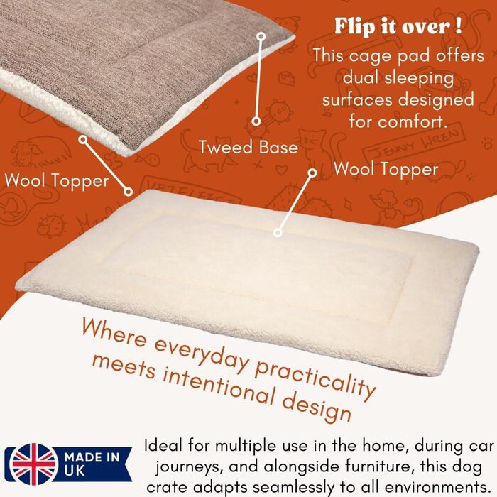 Вовняне ліжко для собак британського виробництва, машинного прання, стегане, з підкладкою-сіткою з твіду, розкішне ліжко для собак X-Small (60 x 45 см), колір пісок / натуральна підкладка X Small 60x45см