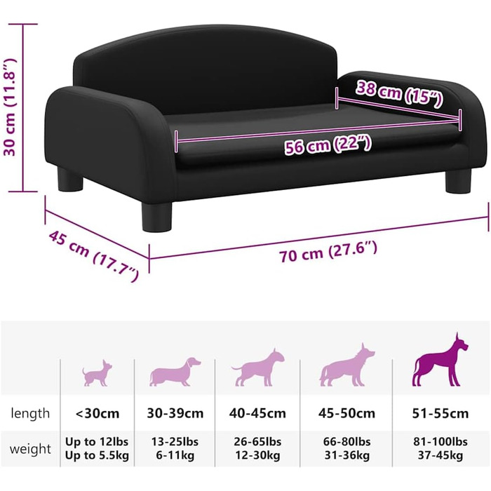 Ляжка для собак, м'яка подушка для собак, диван-софа для маленьких собак, лежанка для домашніх тварин, котяча лежанка, чорна штучна шкіра, 70 x 45 x 30 см