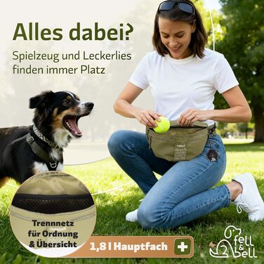 Сумка для ласощів для собак fell&bell - водонепроникна, з 2 відділеннями для снеків, 1,8 л основного відділення, кишеня для телефону та диспенсер для відходів | Сумка для годування собак, тренувань та цуценят (Оливковий)