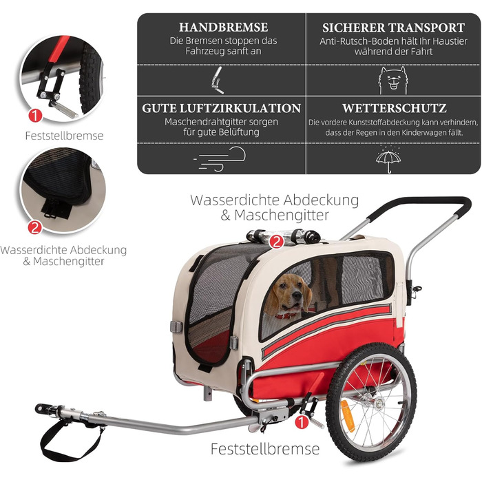 Причеп-біговий візок для собак 2-в-1, до 30 кг, складний, з гальмами, сигнальним прапорцем, для активного відпочинку та дому, червоний