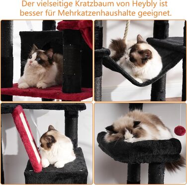 Котячий комплекс Heybly, 173 см, 16 стовпчиків, багаторівневий когтеточка, 2 великі платформи, 2 кошики, гамак, будиночок, іграшки, чорний + червоний