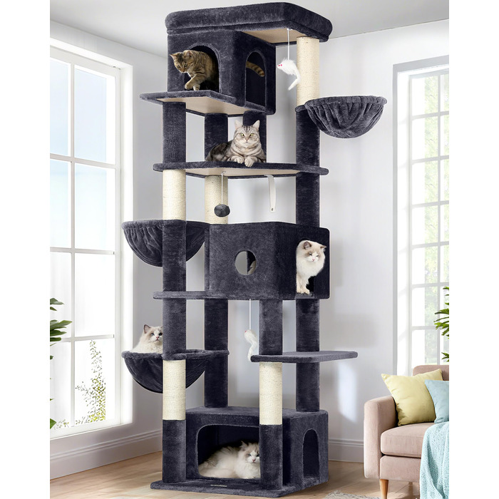 Кігтеточка Globlazer 204 см з 3 будиночками, 2 платформами, 3 м'якими будиночками для котів, стабільна, для 3-5 котів, відпочинок, ігри, дряпання, інтер'єр (Dunkelgrau)