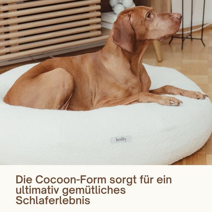 Крісло-лежанка для собак Holly Hundebett: міцний, зручний, з м'якої тканини Bouclé, Cocoon Design, підтримка шиї та хребта (S/M, кремовий)