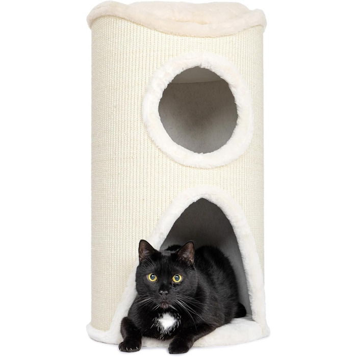 Дерев'яний кігтеточка для котів Bontoy Mukki Creme - 75 см, з 2 печерами, велика лежанка, обмотана сизалевим килимком, знімний коврик