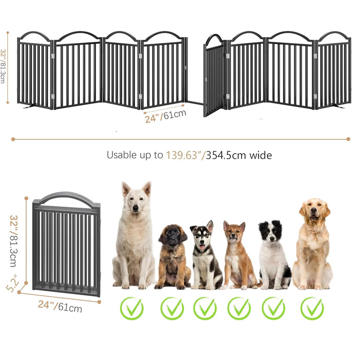 Металеве вольєр для собак BHG Freistehendes Hundegitter, без монтажу, з дверцятами, широке, 243,8 x 81,3 см, аккордеон, для дому та саду, білий (8 панелей, чорний)
