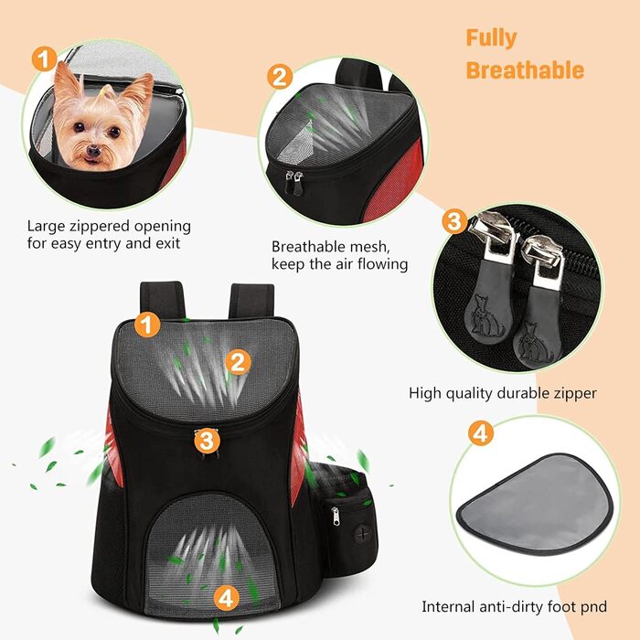 Рюкзак для собак та котів PETCUTE, переноска для маленьких собак, рюкзак-переноска для тварин, знімний килимок, регульовані ремені, дозволений для перевезення в літаку (до 6 кг, червоний)