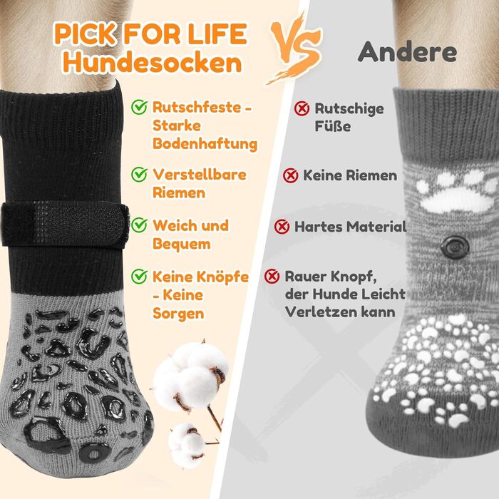 Шкарпетки для собак PICK FOR LIFE проти ковзання, 2 пари, сірі, розмір L, з регульованими ремінцями для дому