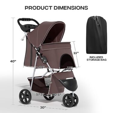 Візок для тварин: для собак та котів, 3 колеса, складна конструкція, з кошиком та тримачем для напоїв