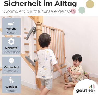 Захист для сходів Geuther Oris | Дверний захист для сходів з кріпленням, 2 клямки для поручнів, ширина регулюється | Стабільне дерев'яне дитяче ворота, натуральний лак (натуральний, 95-135 см)