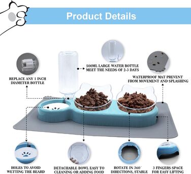 Набір мисок для котів та собак 2-в-1 з диспенсером води, антиковзаючою підкладкою та лопаткою (блакитний)