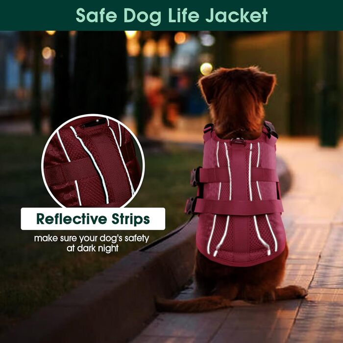 Жилет для плавання собак Kuoser: регульований, з рипстоп тканини, для малих, середніх та великих собак, з ручкою для рятування, рожевий (M)