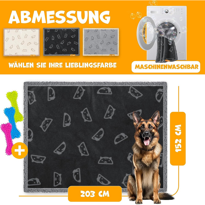 Водонепроникний коврик для собак, флісова ковдра для тварин, ковдра для котів + 3 іграшки для жування, для середніх та великих собак, котів, 152 x 127 см, XL, ручне прання, двосторонній захист дивану (XXL (203 x 152 см), Чорний)