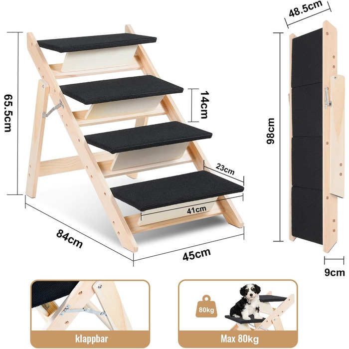 Сходинка для собак Vigevee 2-в-1: розкладна сходинка для домашніх тварин, 65.5 см, 4 сходинки, максимальне навантаження 80 кг, з антиковзким килимком для собак та котів