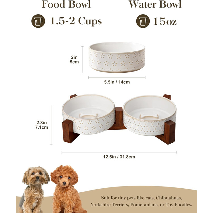 Миска для собак Malacasa з підставкою з горіхового дерева, 450 мл, подвійна миска для собак та котів, для корму та води, неслизька підставка, візерунок у вигляді п'ятипелюсткового клеверу та соти, 450 мл * 2