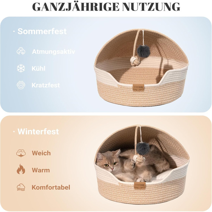 Кошик для котів CheerPals з подушкою, 47 см, бежевий. Плетений з бавовняних мотузок, миється, для сну котів, універсальний, для всіх сезонів