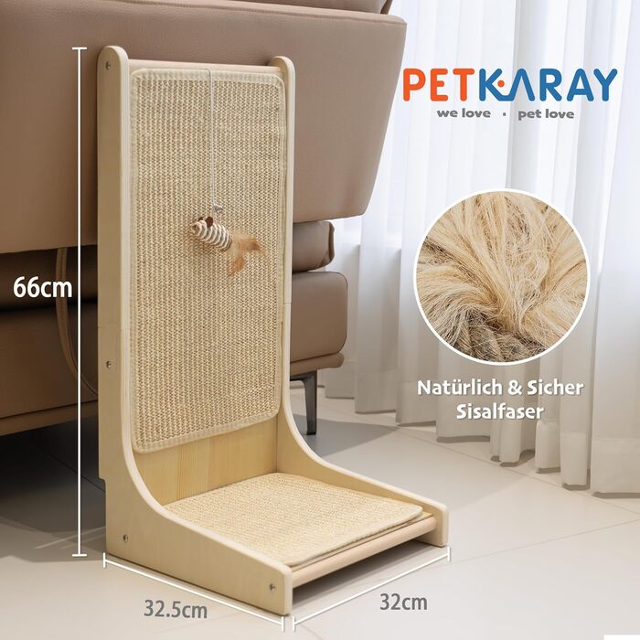 PETKARAY Котячий когтетоп з сизалю, L-подібний, 66 см, 105° вертикальна поверхня для шліфування кігтів, з іграшками, для стіни та кута