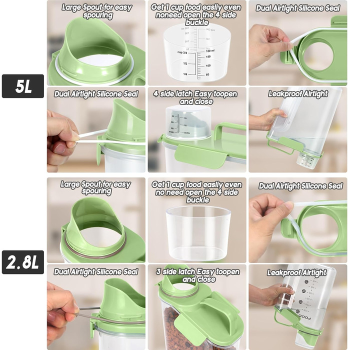 Контейнер для корму для собак, 3L/5L, BPA-free, з дозатором, зелений