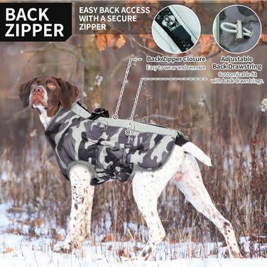 Водонепроникний теплий зимовий одяг для собак - куртка з отвором для шлейки, з відбиваючими смугами, для малих, середніх та великих собак, колір: сірий камуфляж, розмір: S