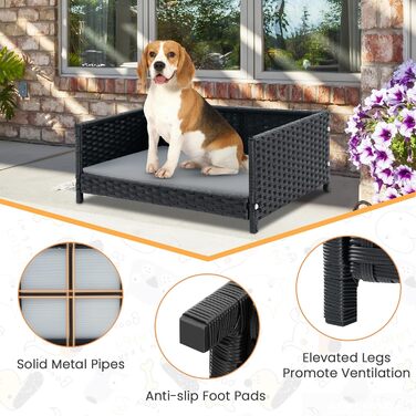 Собаче ліжко SOARS з ротангу, кошик для собак з подушкою, знімний та пральний чохол, підняте собаче ліжко для маленьких та середніх собак, диван для собак для дому та на вулицю, 62 x 46 x 25 см