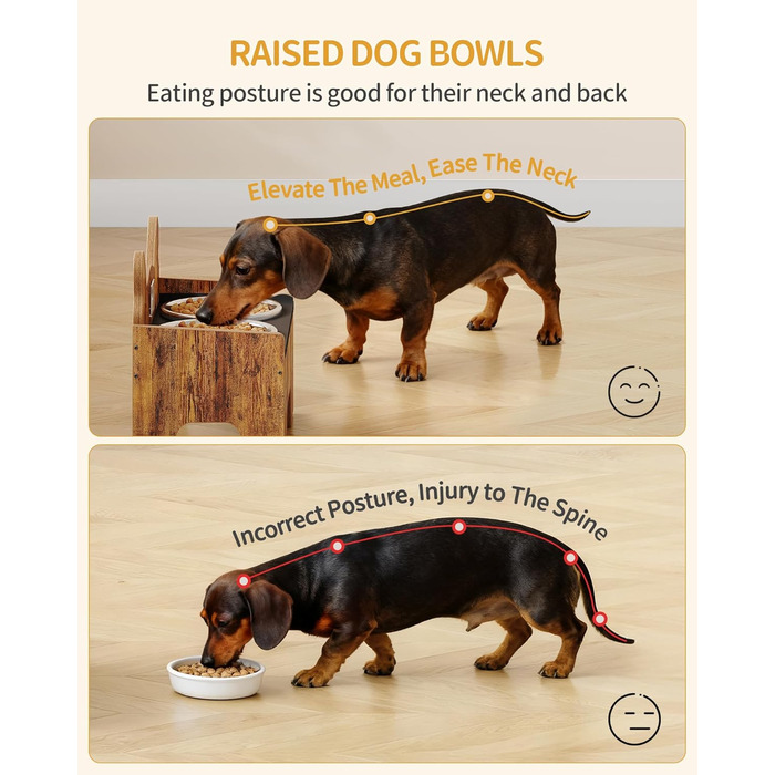 Підвищена годівниця для собак Hzuaneri з двома мисками, нержавіюча сталь, захист від бризок, антиковзаюча, безшумна, для малих та середніх собак, вінтажний коричневий, PB01601B