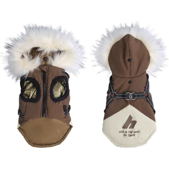 Водонепроникний жилет для собак з капюшоном, теплий жилет з шлейкою для собак, теплий та м'який, коричневий, S-3XL