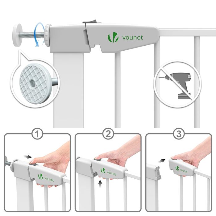 Захист для сходів Vounot без свердління, 75-108 см, для дітей, собак та котів, автоматичне закриття, магнітний замок, 90° фіксація, білий (2x подовжувач)