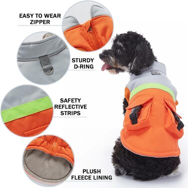 Водонепроникна тепла куртка для собак маленьких та середніх порід. Зігріваючий зимовий одяг для собак, захисна жилетка з отвором для повідка та кишенями. Відбиваюча куртка (Помаранчевий/Сірий, S)