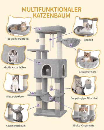 Когтедрашка для котів Hzuaneri, 149 см, з 5 когтеточками, платформами, будиночком, помпонами, сірого кольору MS14918LG