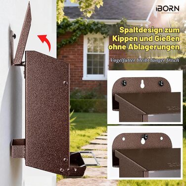 Годівниця для птахів iBorn Wand-Vogelfutterhaus для вулиці з металевим вологостійким дахом, навісна металева годівничка для дерева, паркану або стіни, легка в очищенні, колір кава