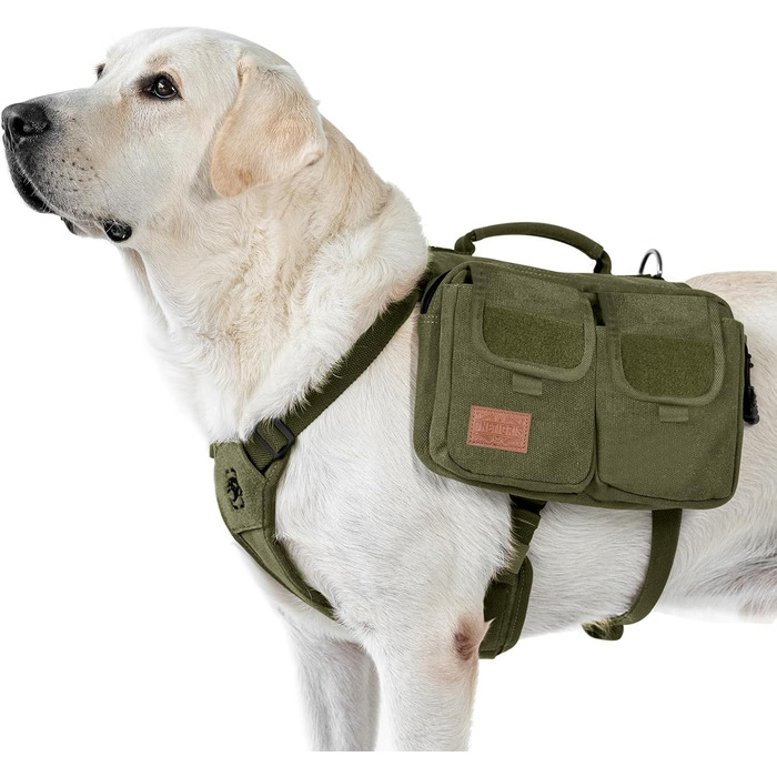 Шлейка для собак OneTigris з рюкзаком Hoppy Camper 3.0, зелена, для середніх та великих собак. Рюкзак для собак з 2 основними та 4 додатковими кишенями