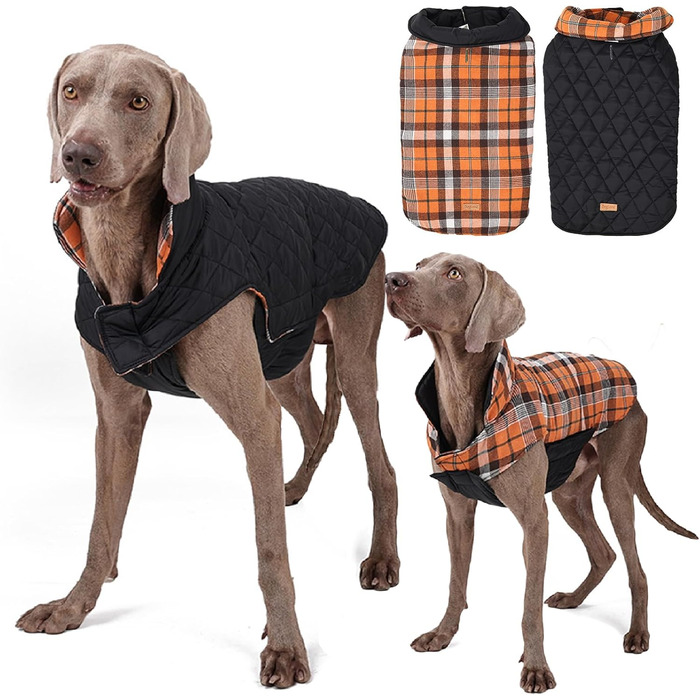 Зимова куртка для собак великих порід, водонепроникна, тепла, з оборотним візерунком, (L, Помаранчевий)