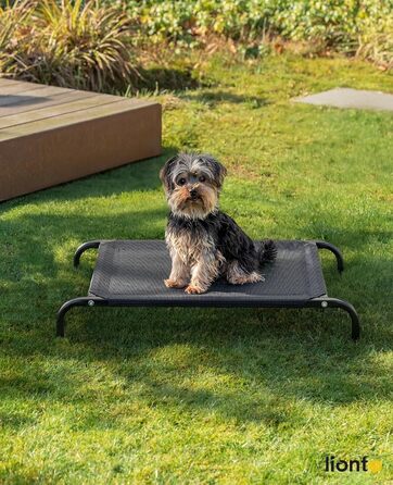Лежанка для собак Lionto Outdoor, 75x47 см, піднята, з металевим каркасом, чорна, знімний дихаючий чохол