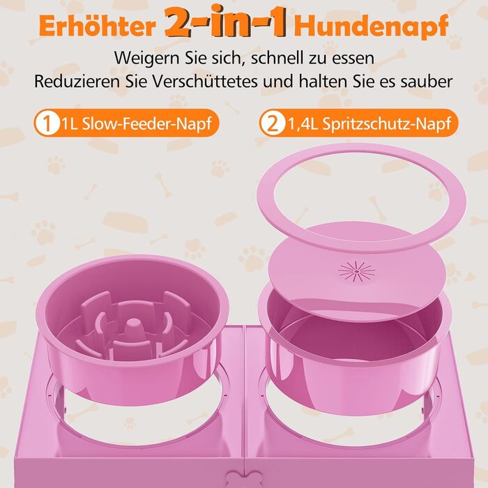 Набір мисок для собак X XBEN 3-в-1: миска для води з захистом від пролиття 1.4L, миска від захлистування 1L, годівниця з 5 рівнями регулювання висоти для середніх та великих собак, нековзна годівниця, рожевий колір