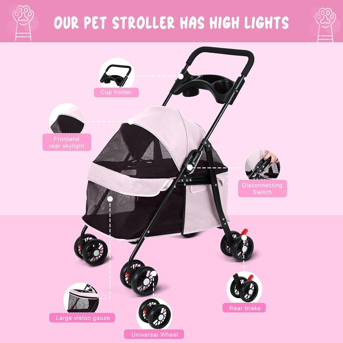 Візок для собак 2 в 1, будівельник для собак до 20 кг, 4 пари коліс 360°, візок для собак/кішок/дітей з тримачем для напоїв, складний візок для маленьких/середніх собак та котів (Рожевий)