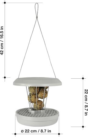 Годівниця для птахів SWISSSWISSINNO Lucerne SMART Birds, підвісна, з піддоном, захист від щурів, на 7 кульок для синиць, світло-сіра