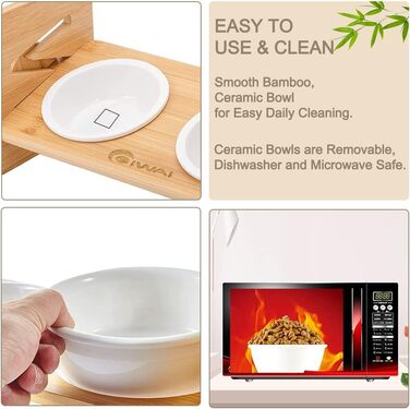 Підвищуюча миска для корму для собак та котів з кераміки з бамбуковим підставкою, нахилена платформа для котів та маленьких собак 36*14.2