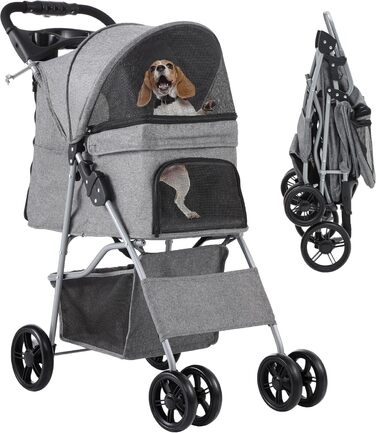 Візок для собак YITAHOME середнього розміру, 4-колісний, з кошиком для зберігання, складний, з тримачем для напоїв (сірий)