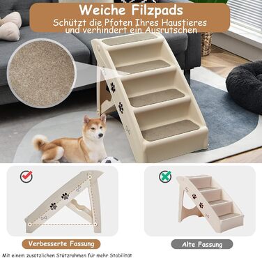 Сходинки для тварин GYMAX: 4 сходинки, складна конструкція, пластик, антиковзкі підкладки, килимки, для котів та собак (Бежевий)